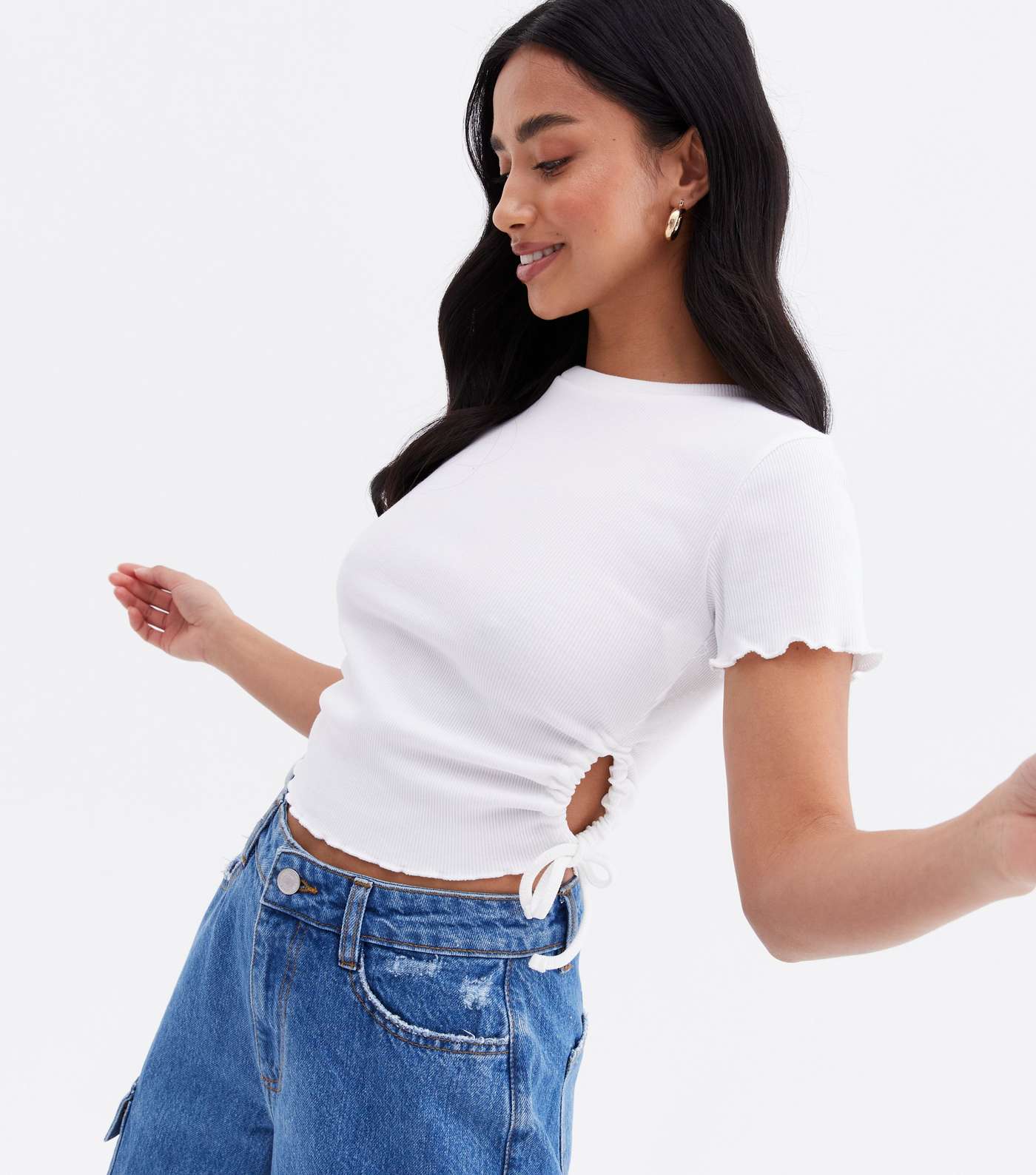 Petite White Ruched Cut Out Side Crop T-Shirt