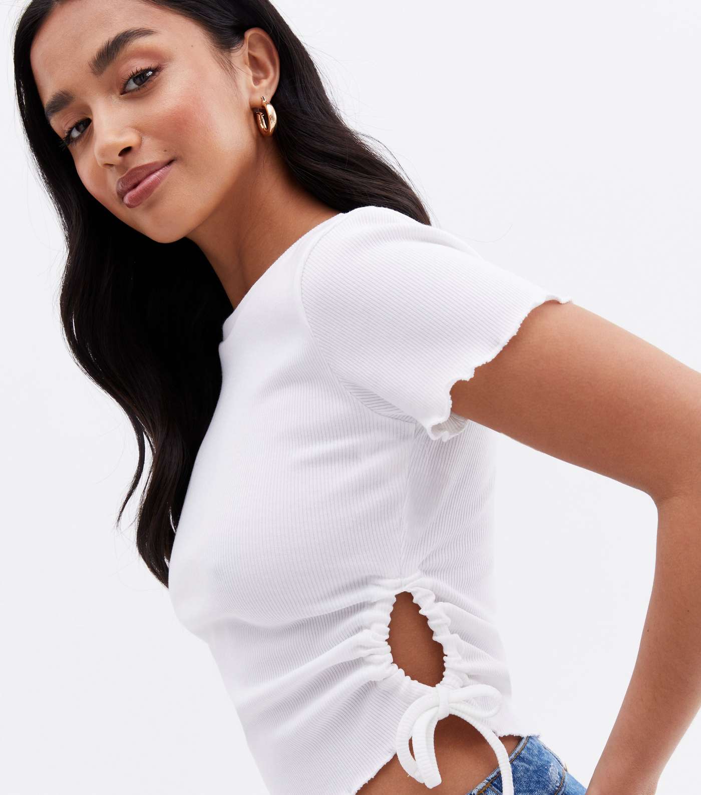 Petite White Ruched Cut Out Side Crop T-Shirt Image 3