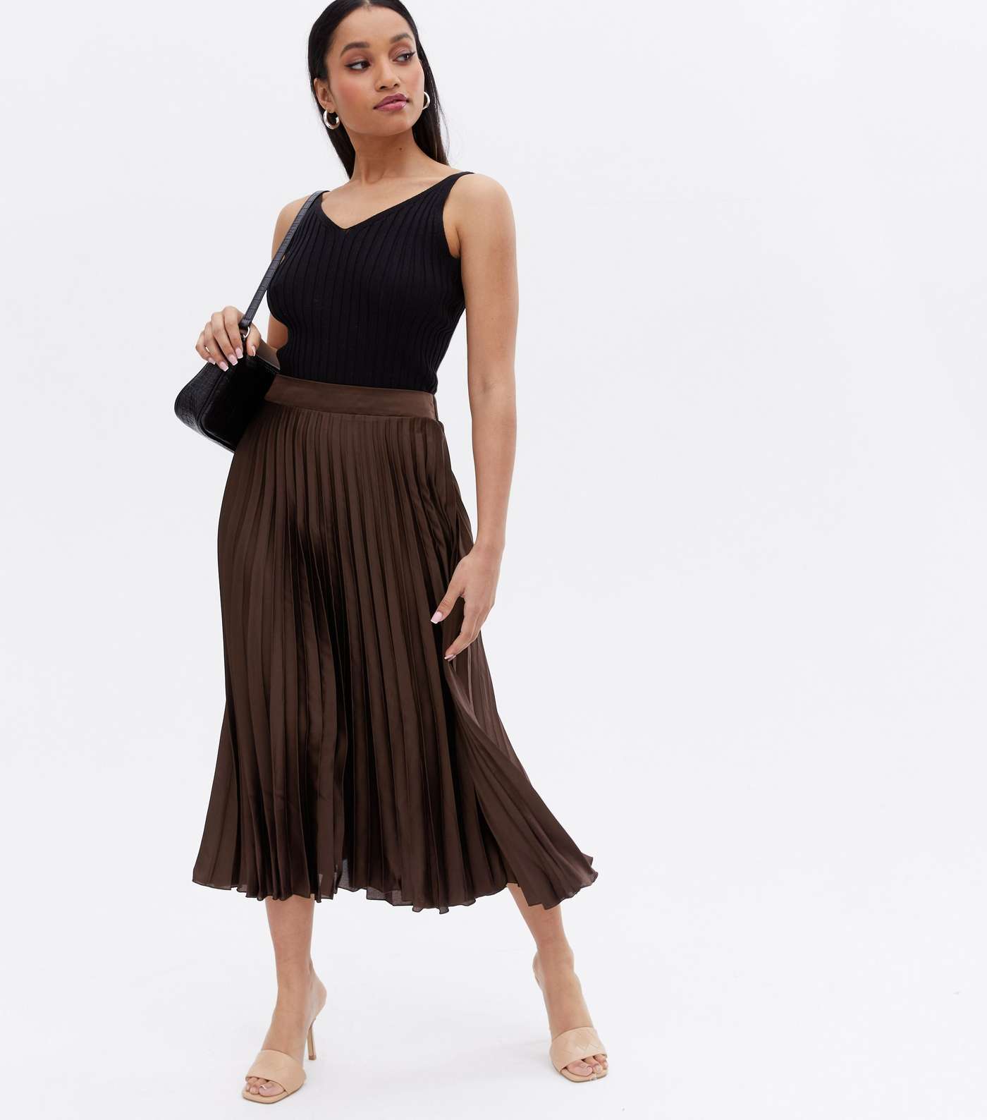 Petite Dark Brown Satin Pleated Midi Skirt