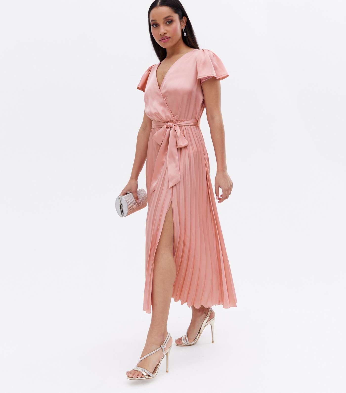 Petite Pale Pink Satin Pleated Belted Midi Wrap Dress Image 2