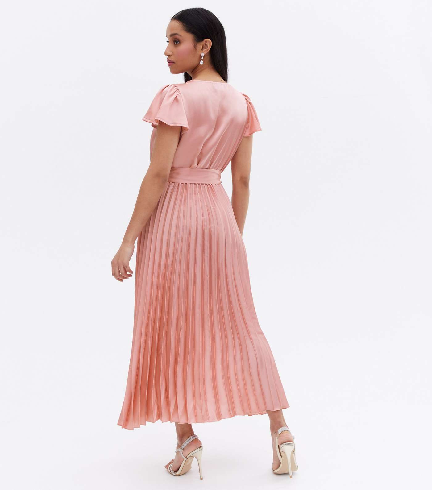 Petite Pale Pink Satin Pleated Belted Midi Wrap Dress Image 4
