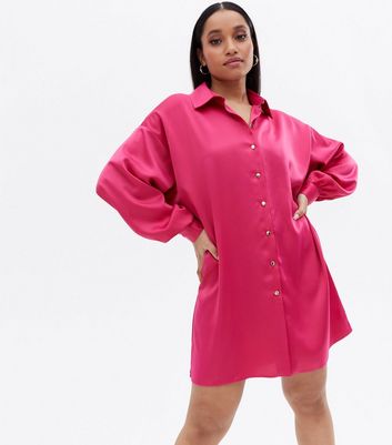 Damen Bekleidung Petite Bright Pink Satin Oversized Mini Shirt Dress