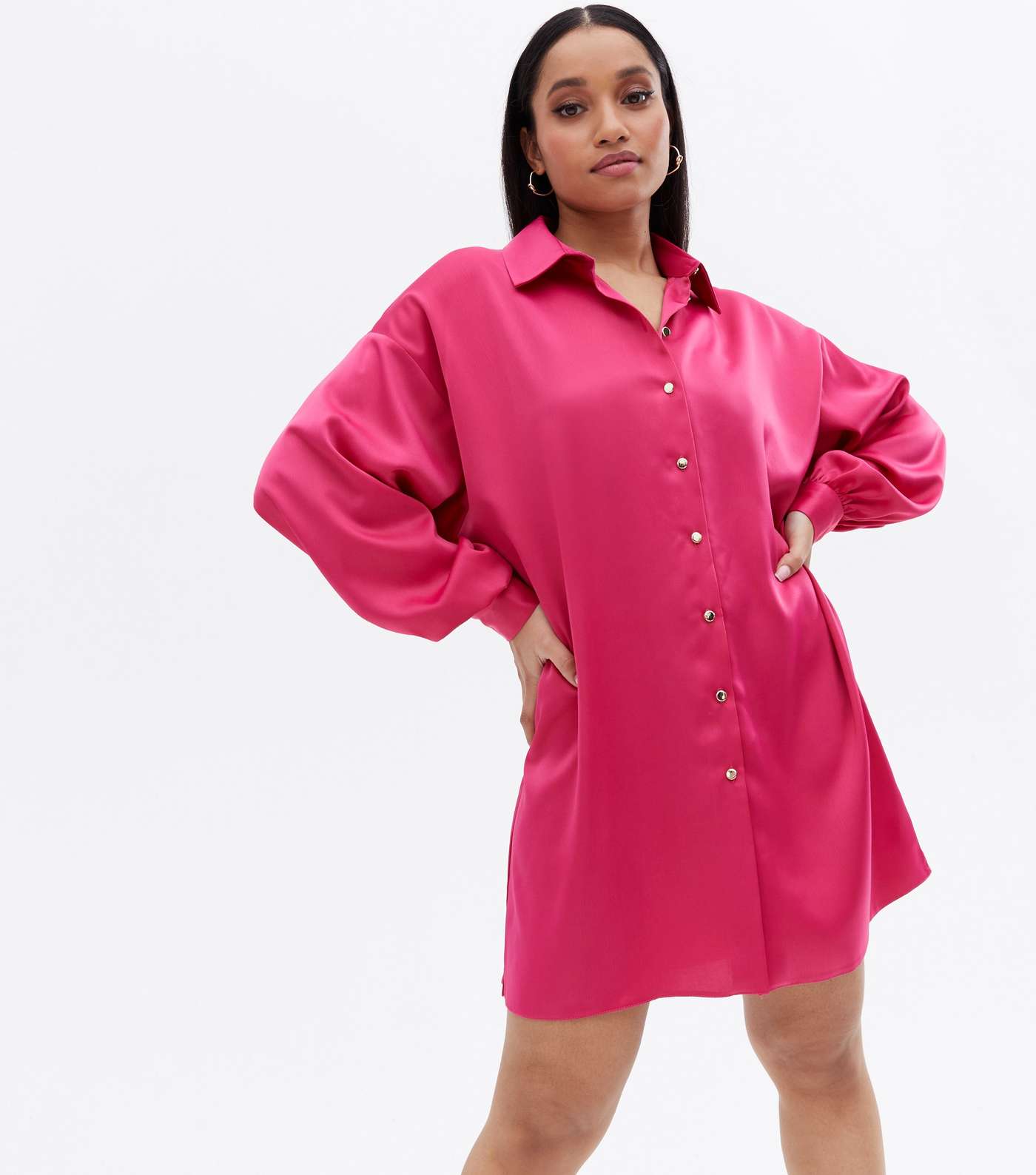 Petite Bright Pink Satin Oversized Mini Shirt Dress