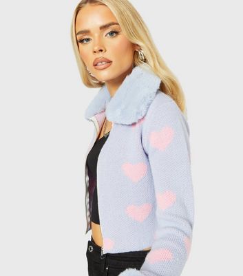 Click to view product details and reviews for Skinnydip Blue Heart Knit Faux Fur Collar Zip Cardigan New Look.