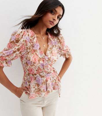 White Floral Chiffon Frill Wrap Blouse 