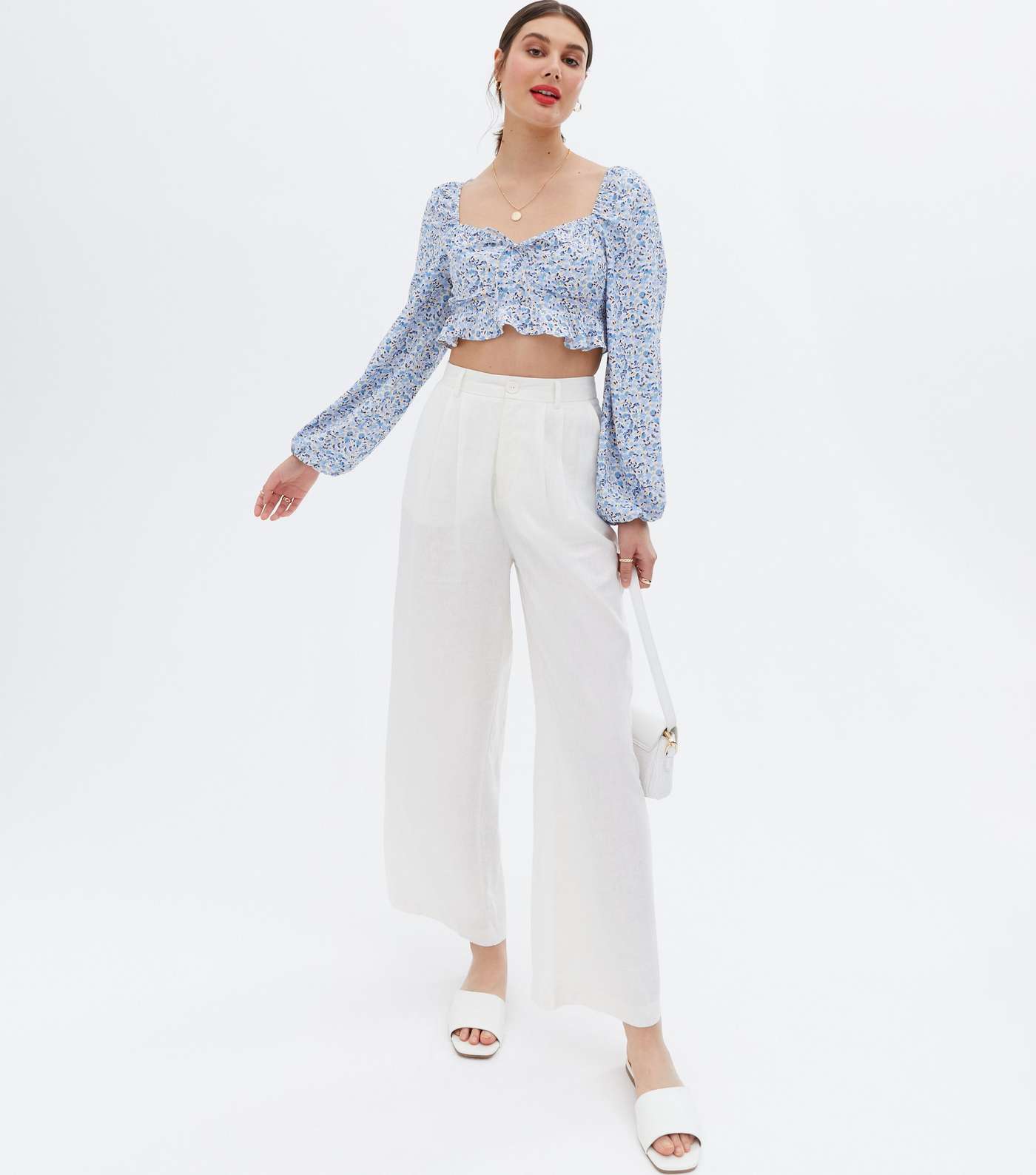 Blue Ditsy Floral Frill Tie Front Crop Top Image 2