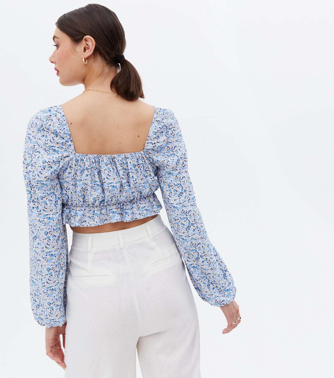 Blue Ditsy Floral Frill Tie Front Crop Top Image 4