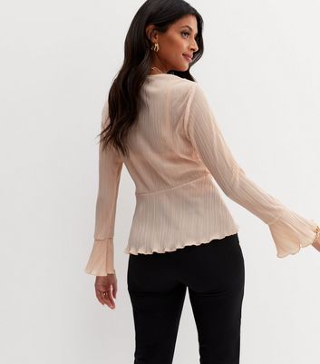 Pale Pink Plissé Peplum Wrap Blouse New Look