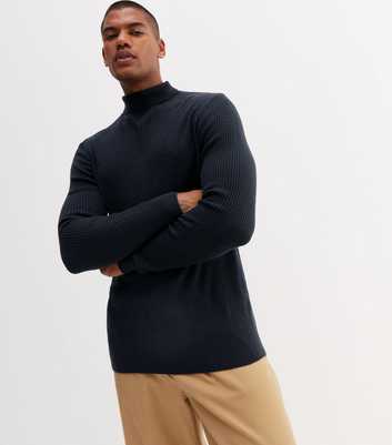 Navy Ribbed Fine Knit Muscle Fit Roll Neck Top