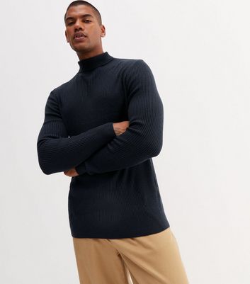 Navy Ribbed Fine Knit Muscle Fit Roll Neck Top New Look