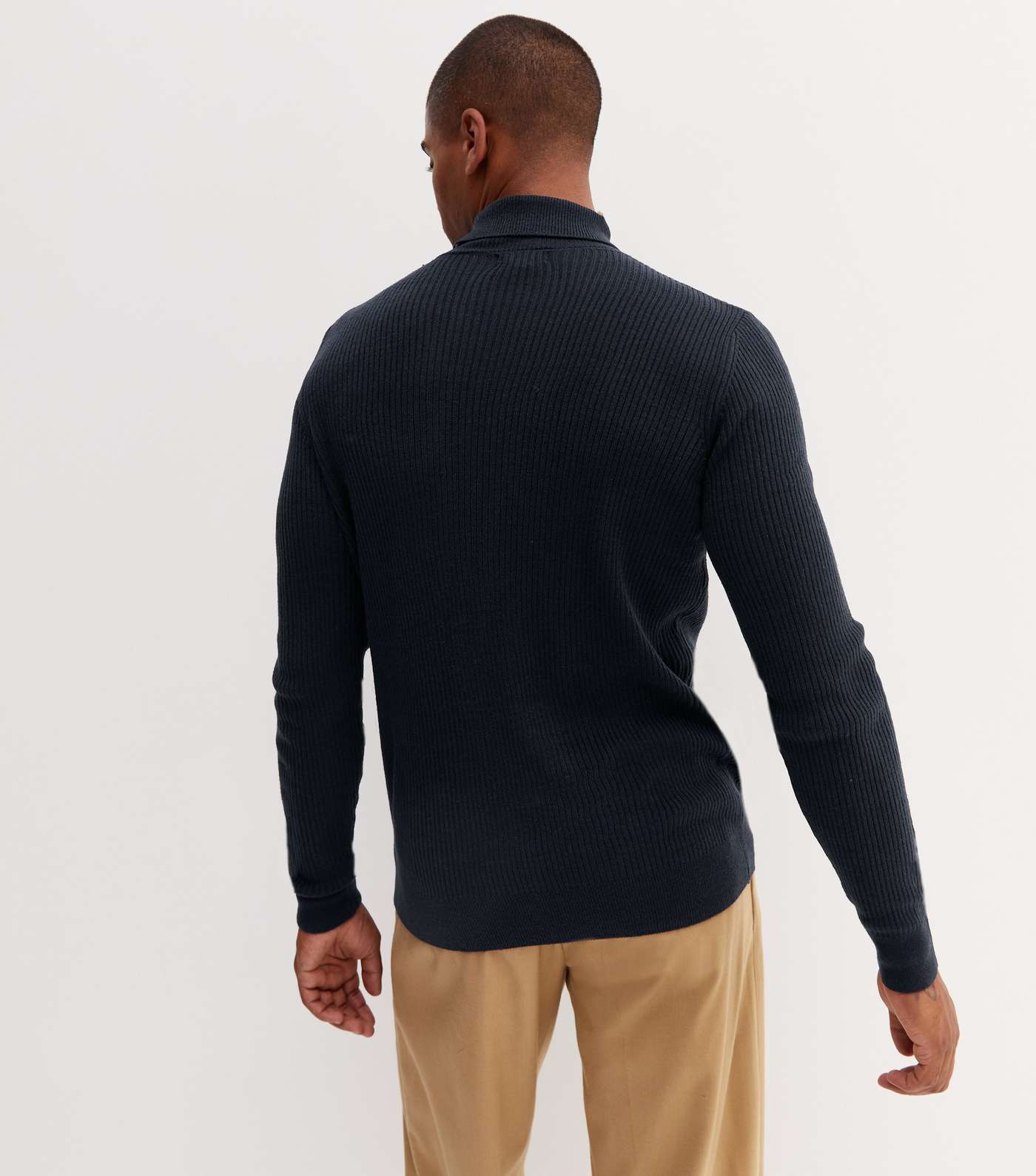 Navy Ribbed Fine Knit Muscle Fit Roll Neck Top Image 4