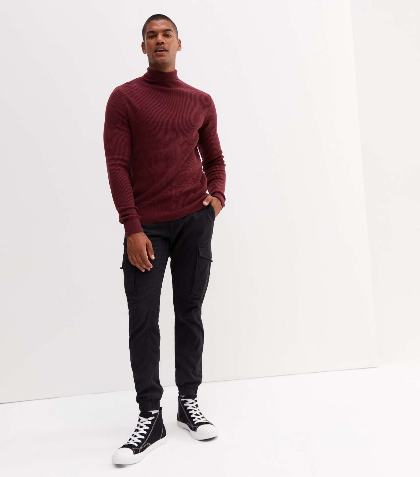 Burgundy Ribbed Fine Knit Muscle Fit Roll Neck Top Image 3