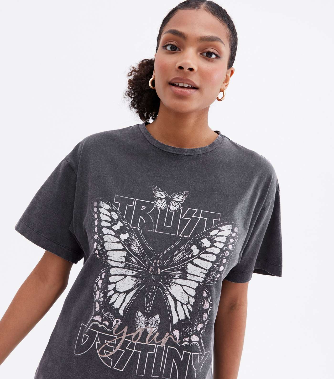 Dark Grey Acid Wash Butterfly Logo Oversized T-Shirt