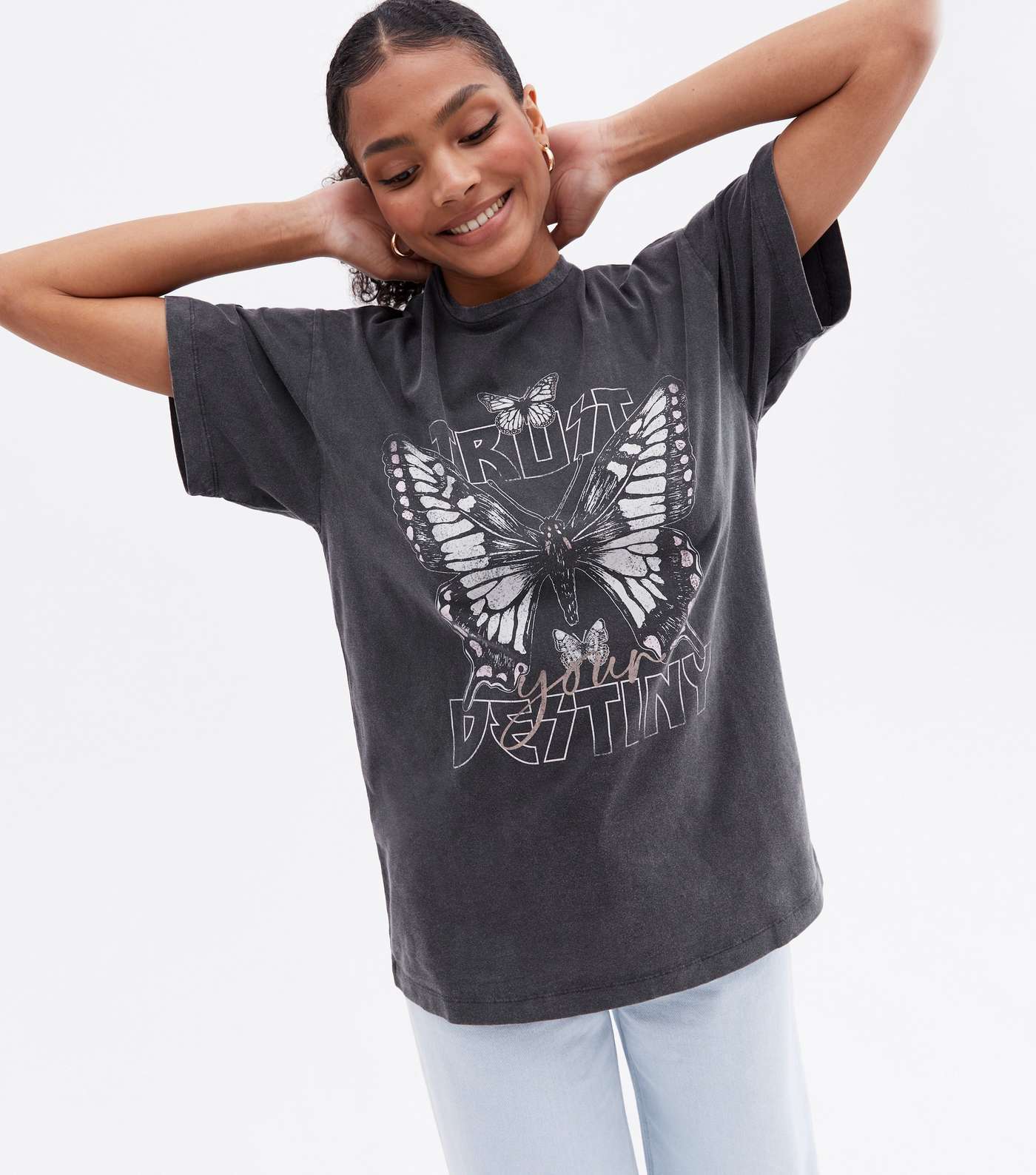 Dark Grey Acid Wash Butterfly Logo Oversized T-Shirt Image 3