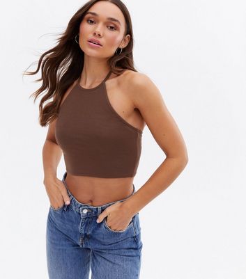 Dark Brown Halter Neck Crop Top New Look