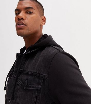 Mens black denim discount jacket with hood