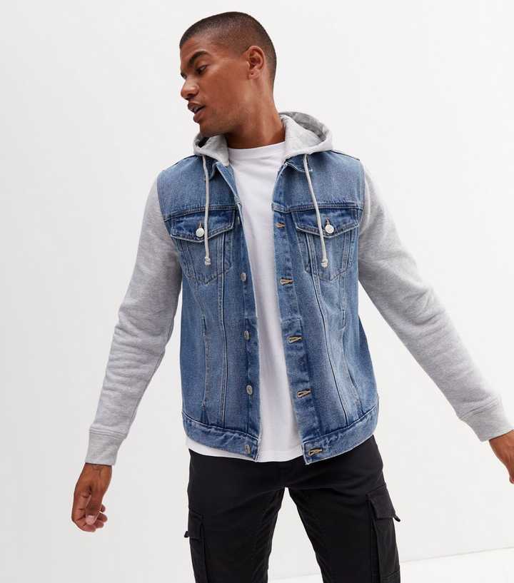Hollister Hooded Denim Jacket With Gray Sweat Sleeves And, 54% OFF