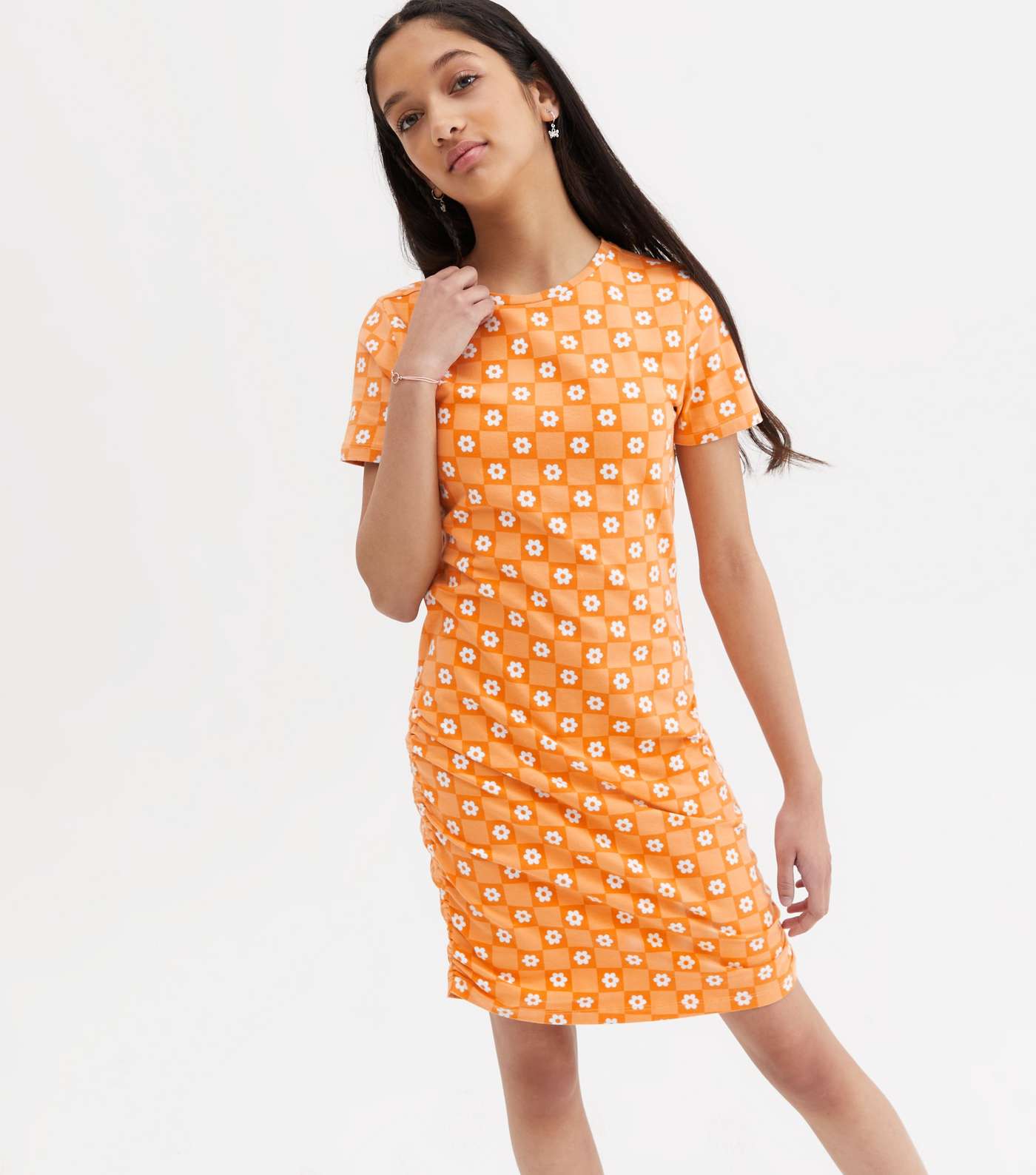 Girls Orange Floral Check Ruched Side Dress Image 2