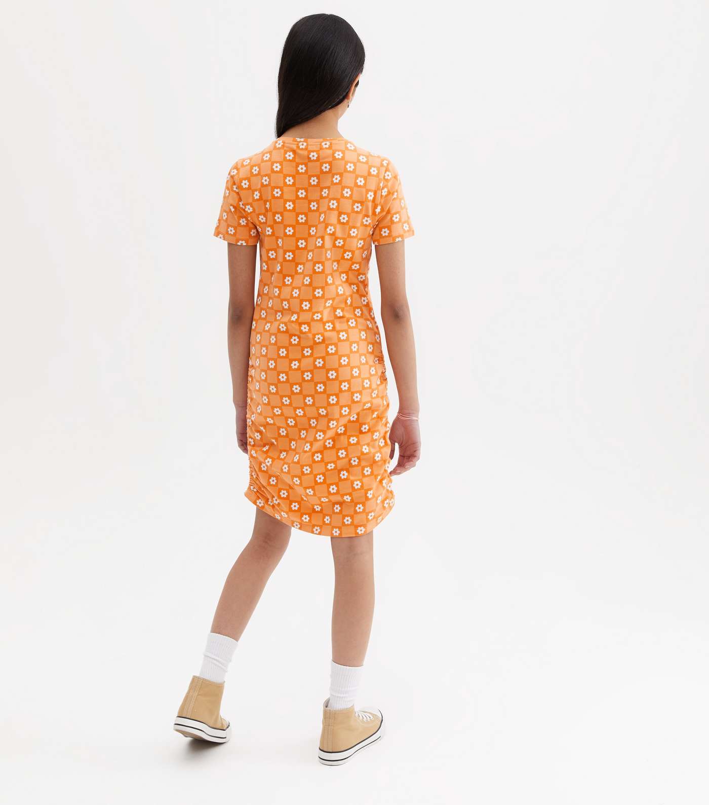 Girls Orange Floral Check Ruched Side Dress Image 4