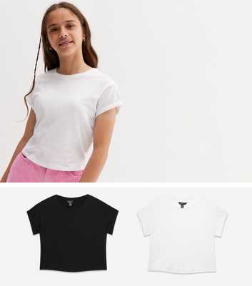 Girls 2 Pack Black and White Crew Neck Boxy T-Shirts