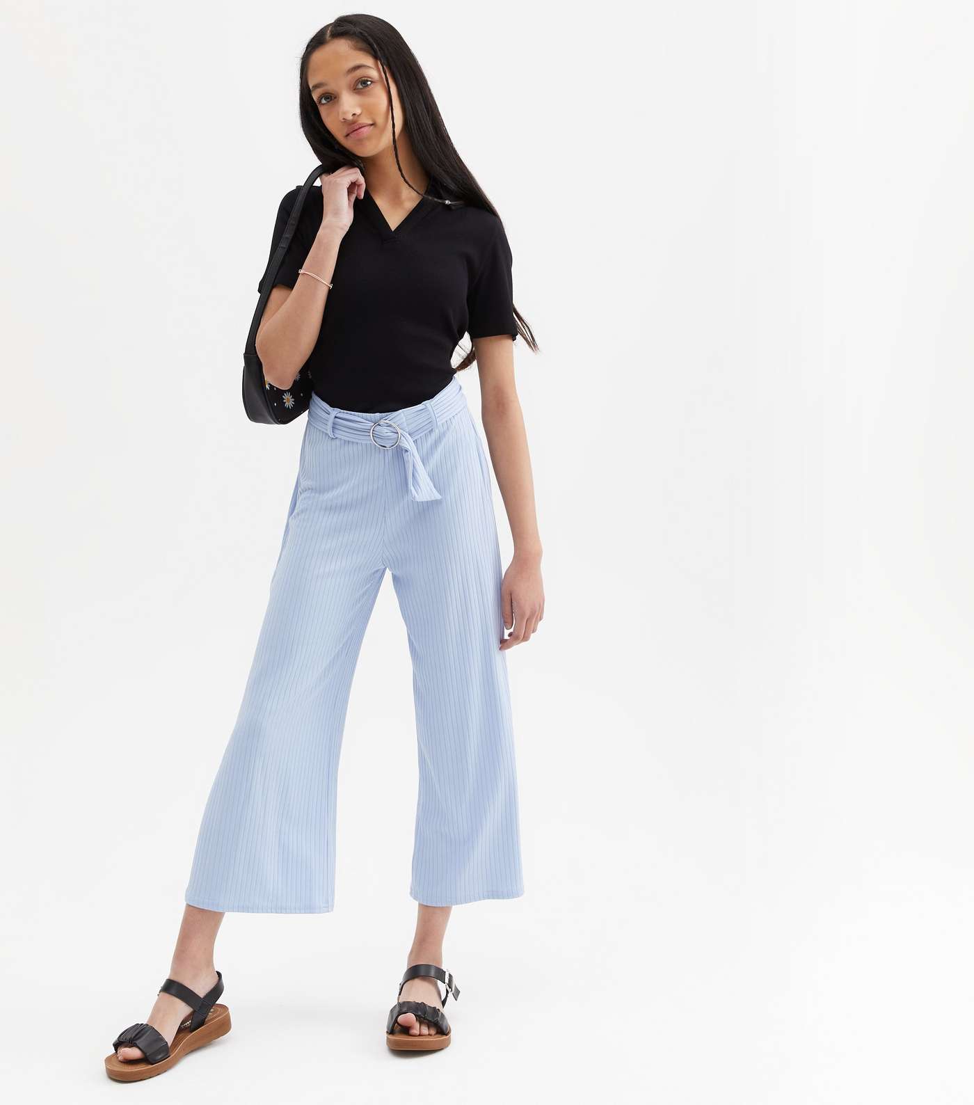 Girls Pale Blue Ribbed Belted Wide Leg Crop Trousers