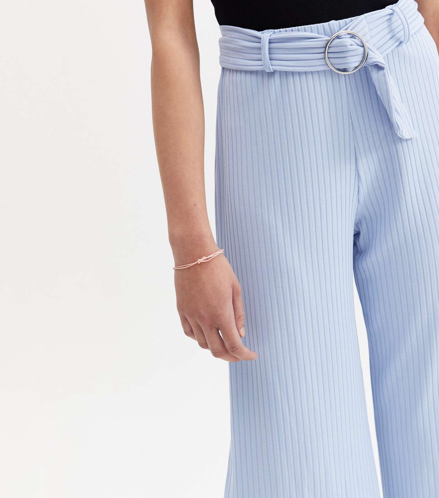 Girls Pale Blue Ribbed Belted Wide Leg Crop Trousers Image 3