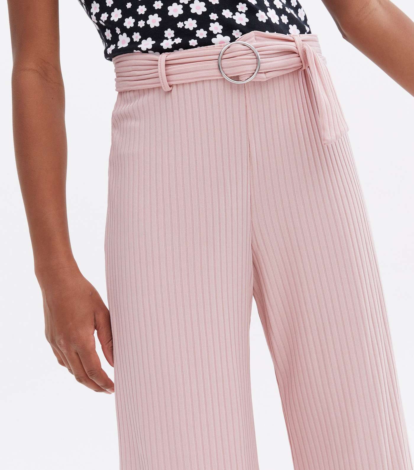 Girls Pale Pink Ribbed Belted Wide Leg Crop Trousers Image 3
