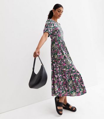 Pink Floral Tiered Puff Sleeve Midi 
