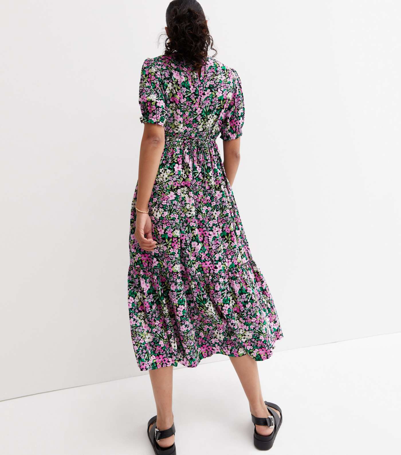 Pink Floral Tiered Puff Sleeve Midi Dress Image 4