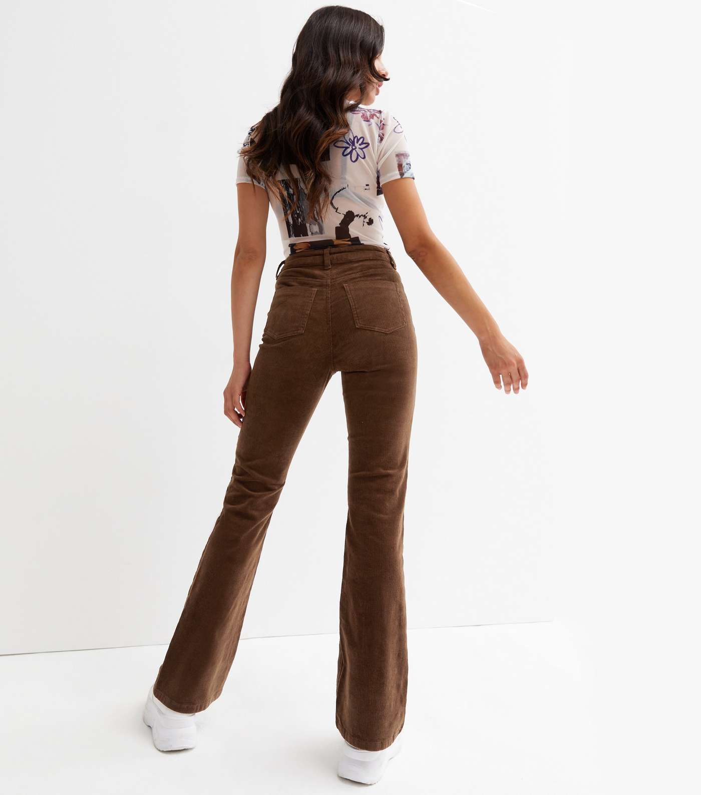 Dark Brown Cord High Waist Flared Trousers Image 4