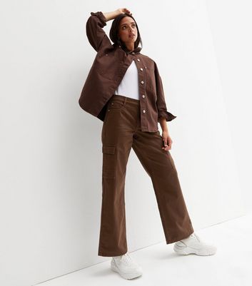 Flounce London Petite basic high waisted wide leg pants in chocolate brown  | ASOS