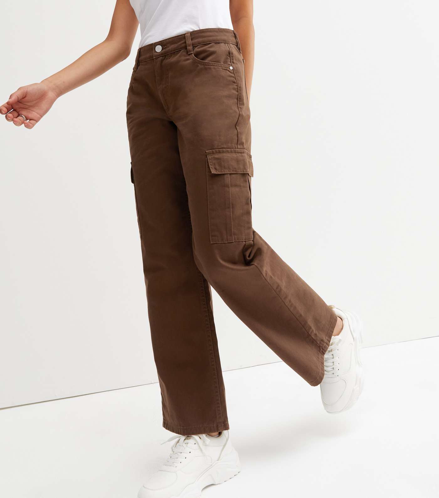 Dark Brown Low Rise Wide Leg Cargo Trousers Image 3