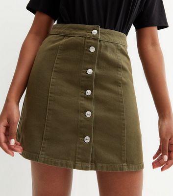 Click to view product details and reviews for Khaki Denim Button Front High Waist Mini Skirt New Look.