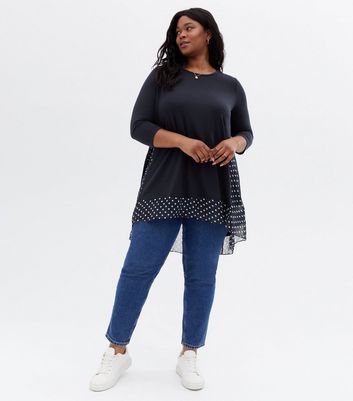 Damen Bekleidung Curves Navy Spot Dip Hem Tunic Top Damen Bekleidung Curves Navy Spot Dip Hem Tunic Top