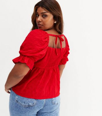 Curves Red Square Neck Textured Puff Sleeve Top | New Look