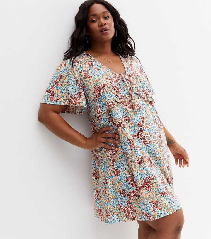 Curves Stone Floral Crepe Tie Front Mini Dress