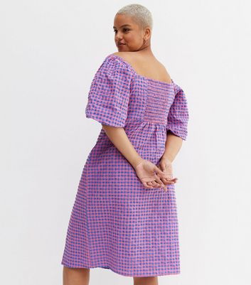 Curves Purple Gingham Puff Sleeve Split Hem Midi Dress New Look