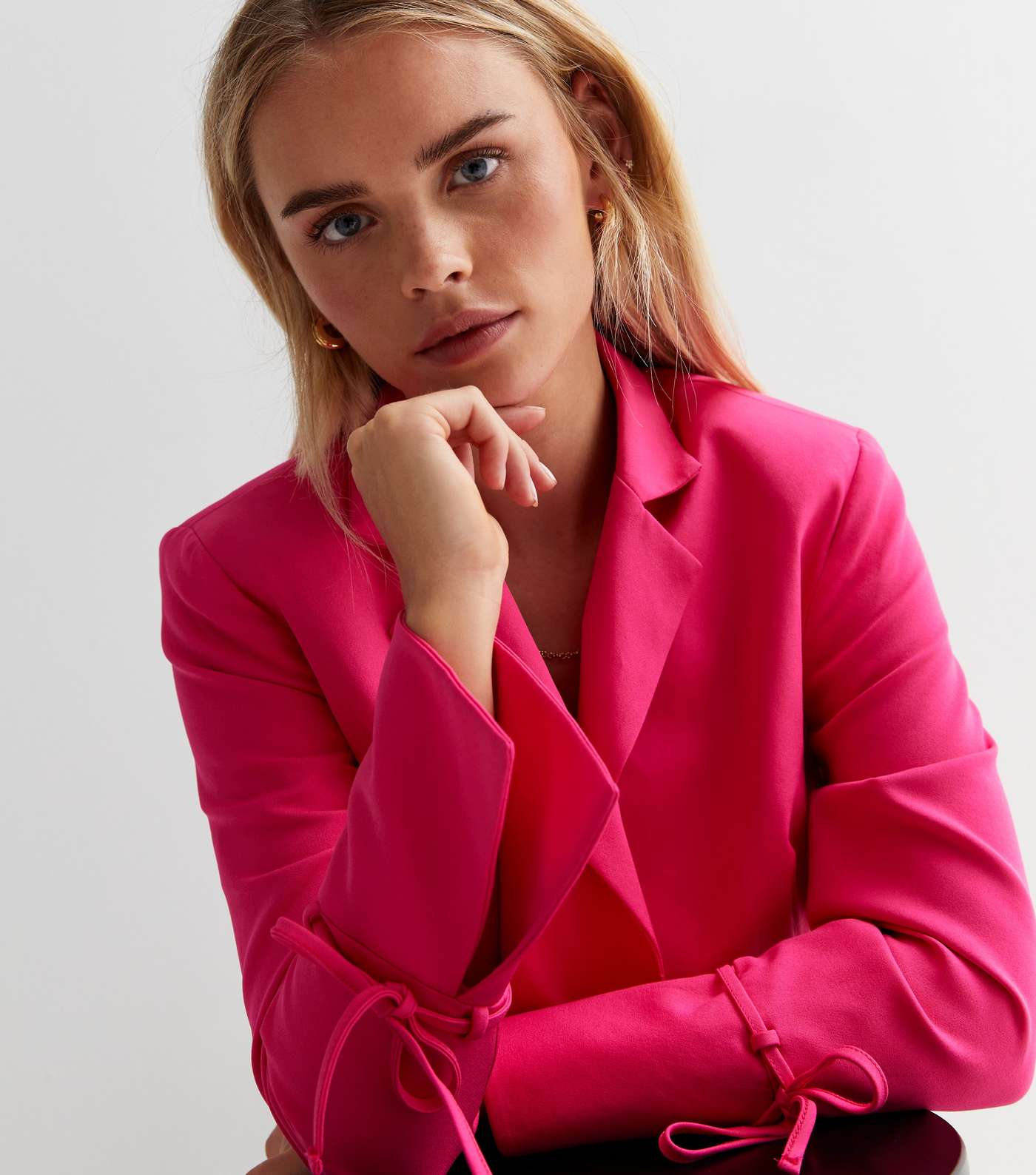 Petite Bright Pink Tie Sleeve Crop Blazer Image 3