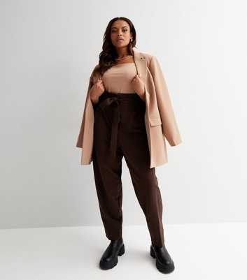 Curves Dark Brown Belted High Waist Trousers