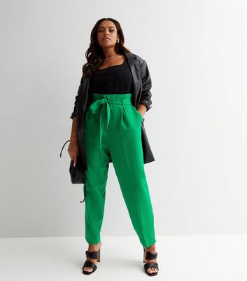 Curves Green Belted High Waist Trousers  New Look