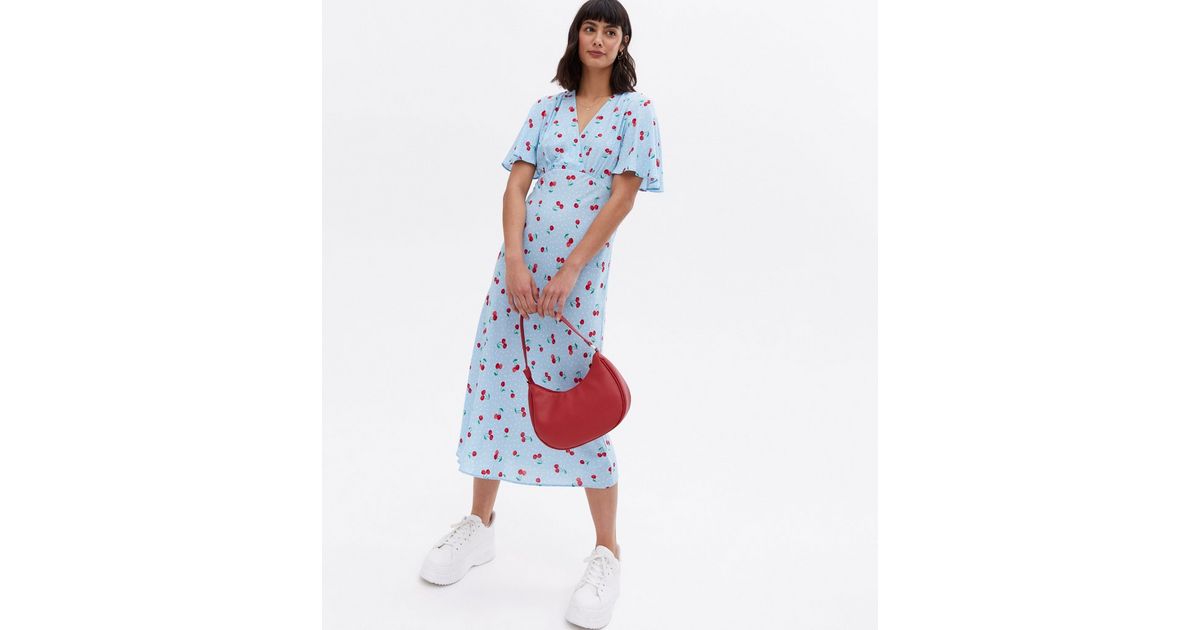 Blue Cherry Spot Midi Wrap Dress New Look 