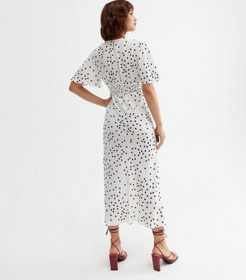 White Spot Flutter Sleeve V Neck Midi Wrap Dress New Look