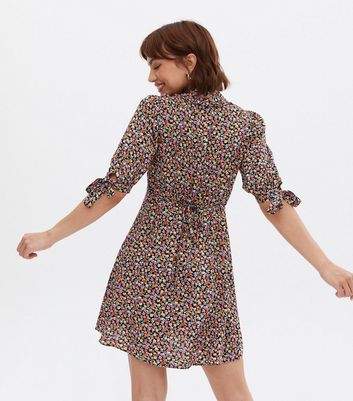 Black Ditsy Floral Puff Sleeve Mini Shirt Dress New Look