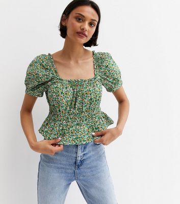 Green Ditsy Floral Square Neck Peplum Blouse | New Look