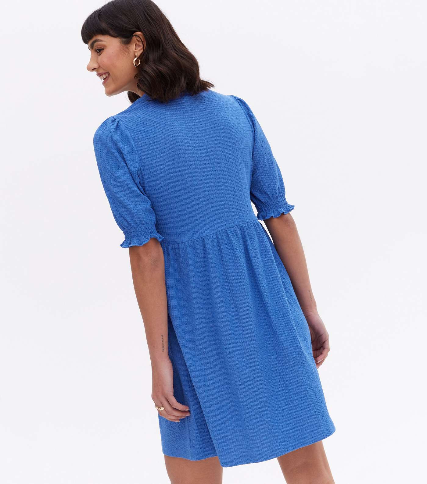 Bright Blue Crinkle Jersey Puff Sleeve Mini Smock Dress Image 4