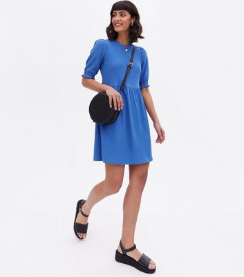 Bright Blue Crinkle Jersey Puff Sleeve Mini Smock Dress New Look