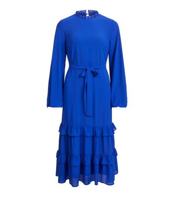 Vila Bright Blue Frill Tiered High Neck Midi Dress New Look