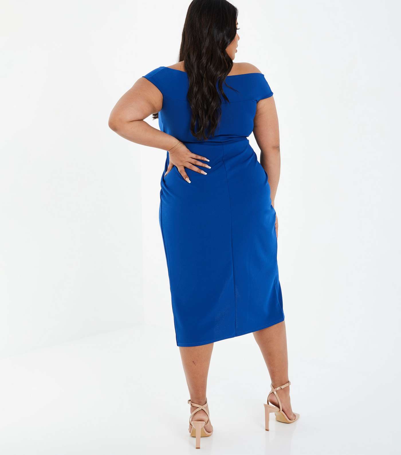 QUIZ Curves Bright Blue Bardot Midi Wrap Dress Image 3