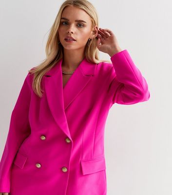 Petite Bright Pink Double Breasted Long Blazer New Look