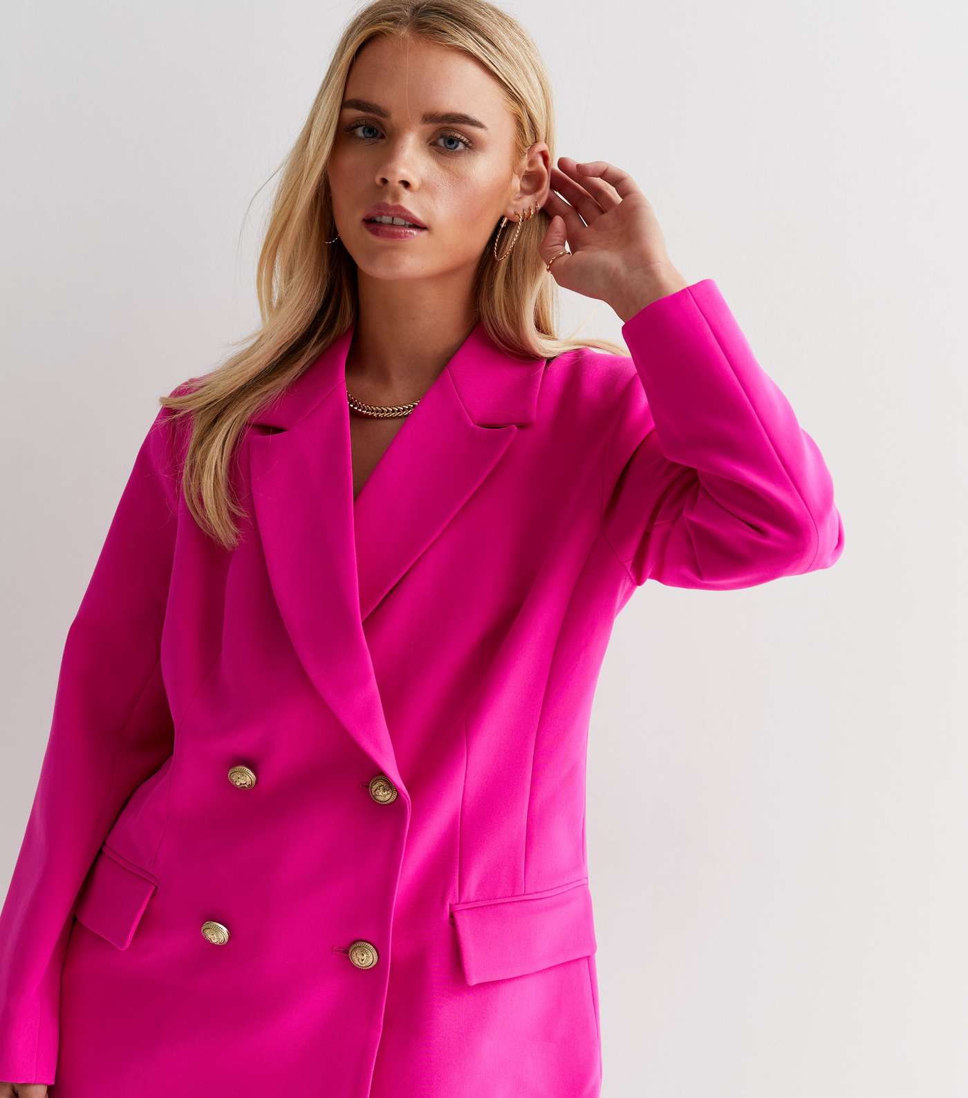 Petite Bright Pink Double Breasted Long Blazer Image 3